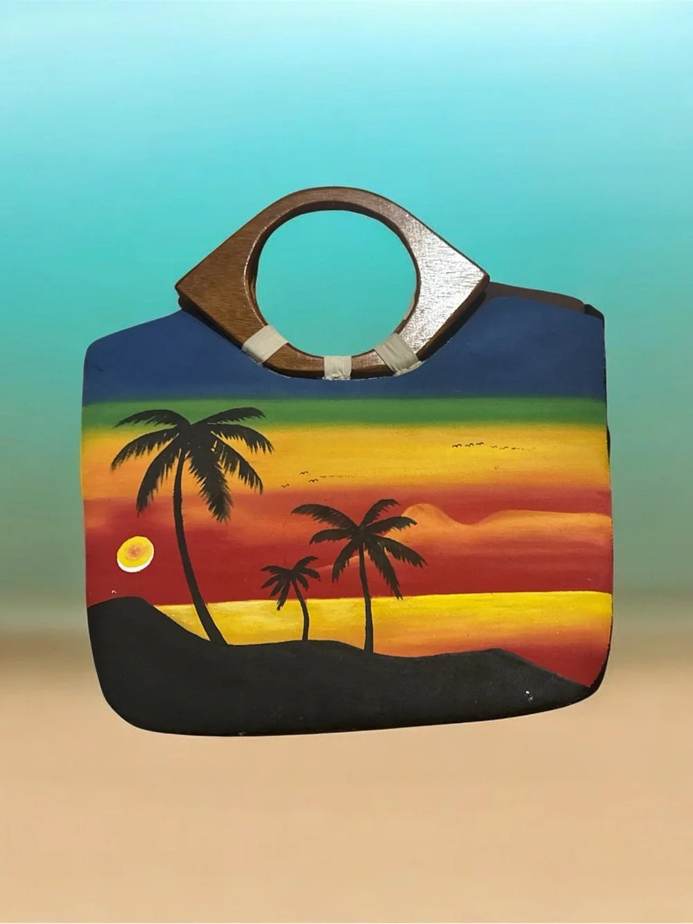 Hand-Painted Tropical Sunset Tote Bag with Wooden Handles - Navy, Red & Yellow